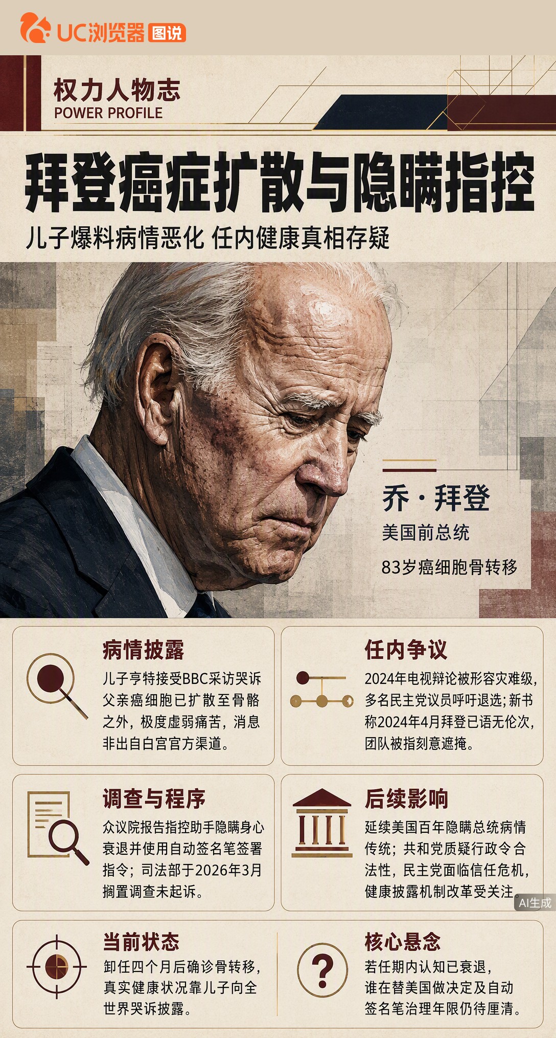 拜登癌症骨转移，竟是儿子哭着向BBC爆料。卸任仅4个月确诊，但骨转移通常需数年，任内健康疑云再起。从自动签名笔到团队遮掩，谁在替美国做决定？这层窗户纸终于被捅破了。
