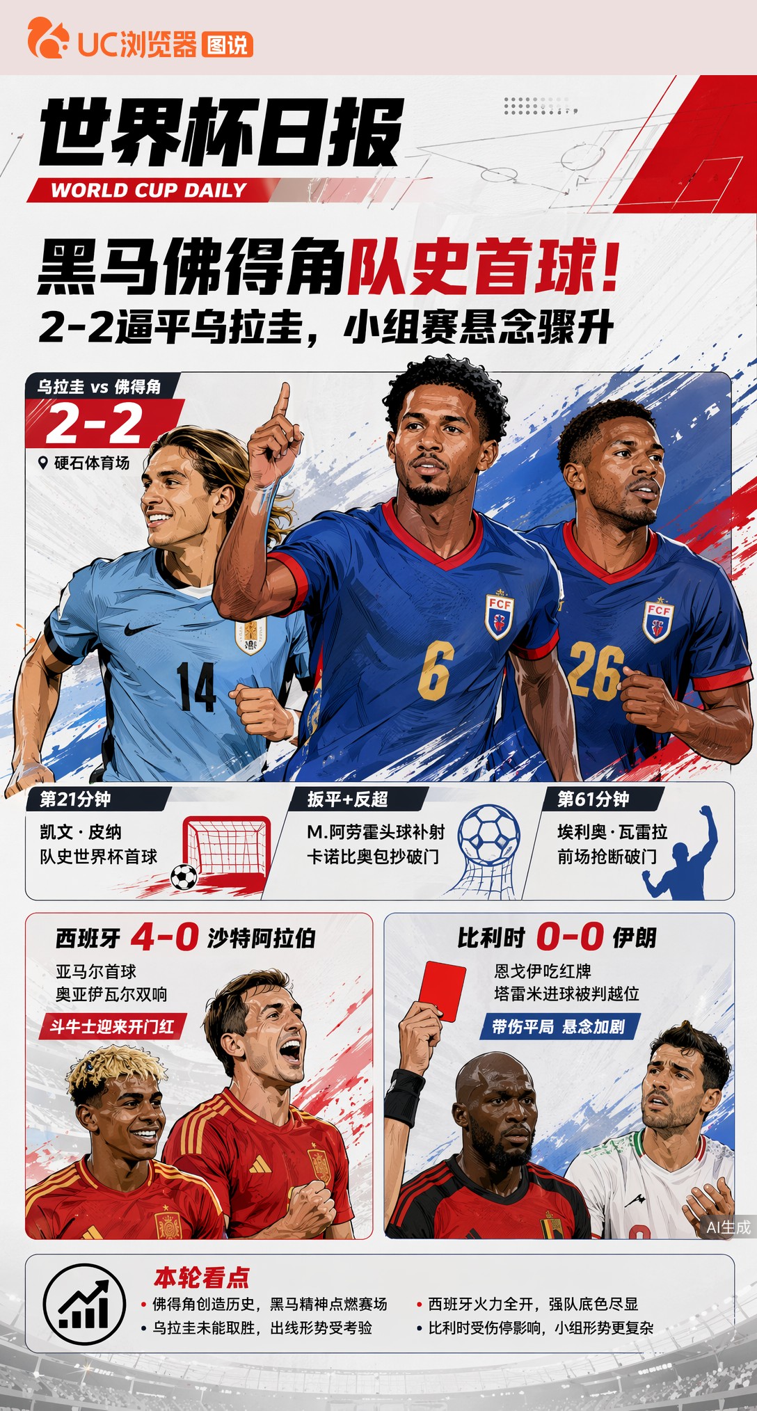 黑马佛得角队史首球！2-2逼平乌拉圭，小组赛悬念骤升