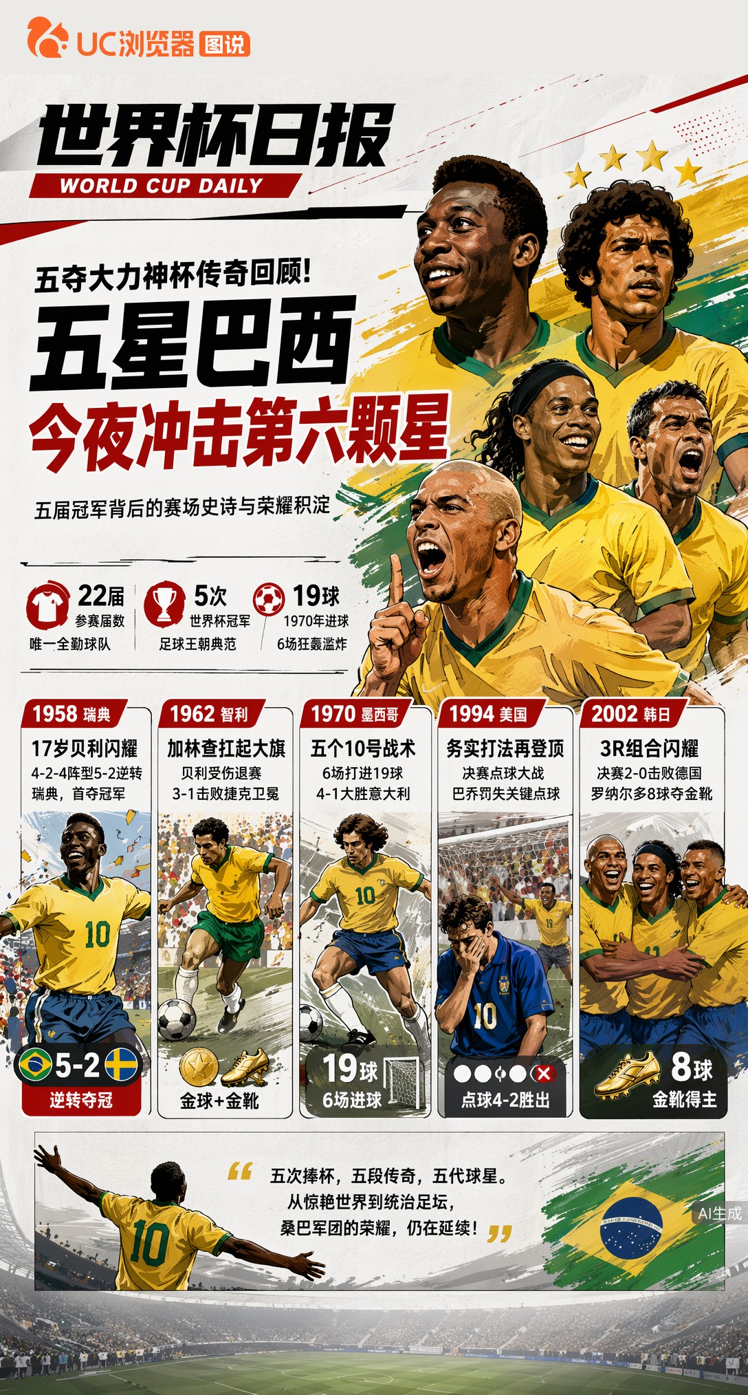 五夺大力神杯传奇回顾！五星巴西今夜冲击第六颗星