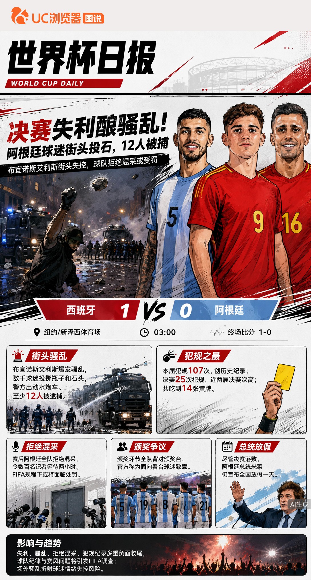 决赛失利酿骚乱！阿根廷球迷街头投石，12人被捕一片狼藉