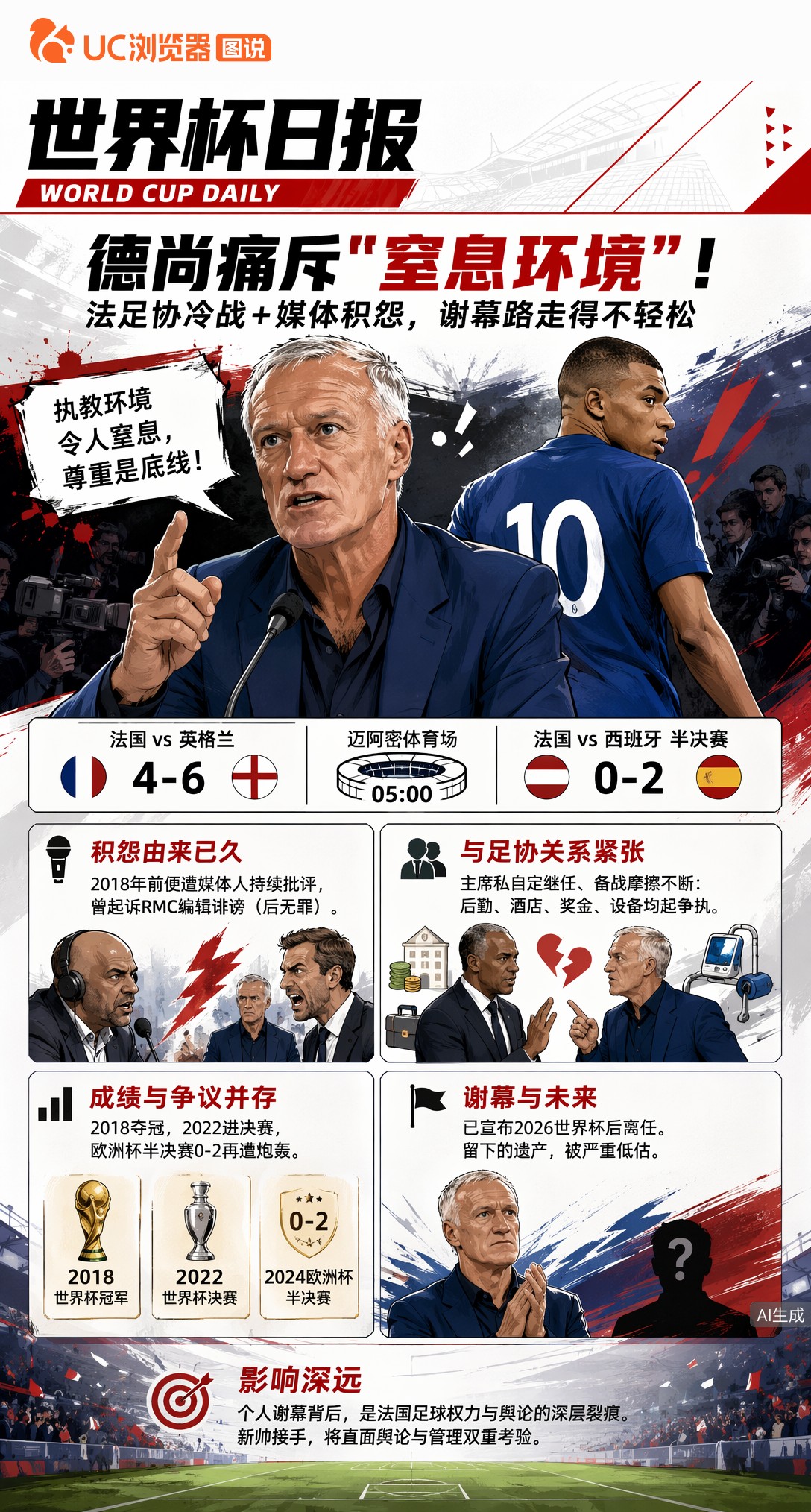 德尚痛斥"窒息环境"！法足协冷战+媒体积怨，谢幕路走得不轻松