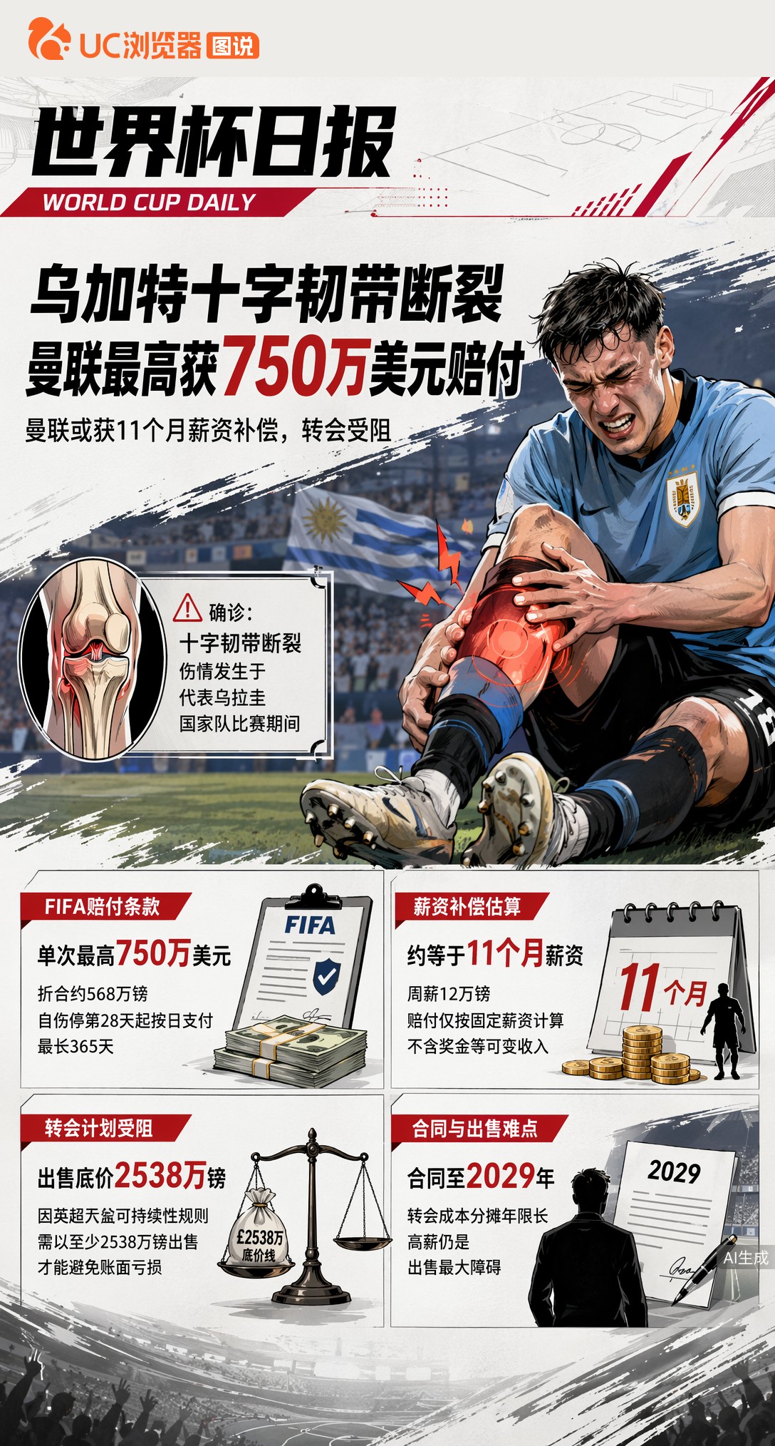 乌加特十字韧带断裂，曼联最高获FIFA赔付750万美元