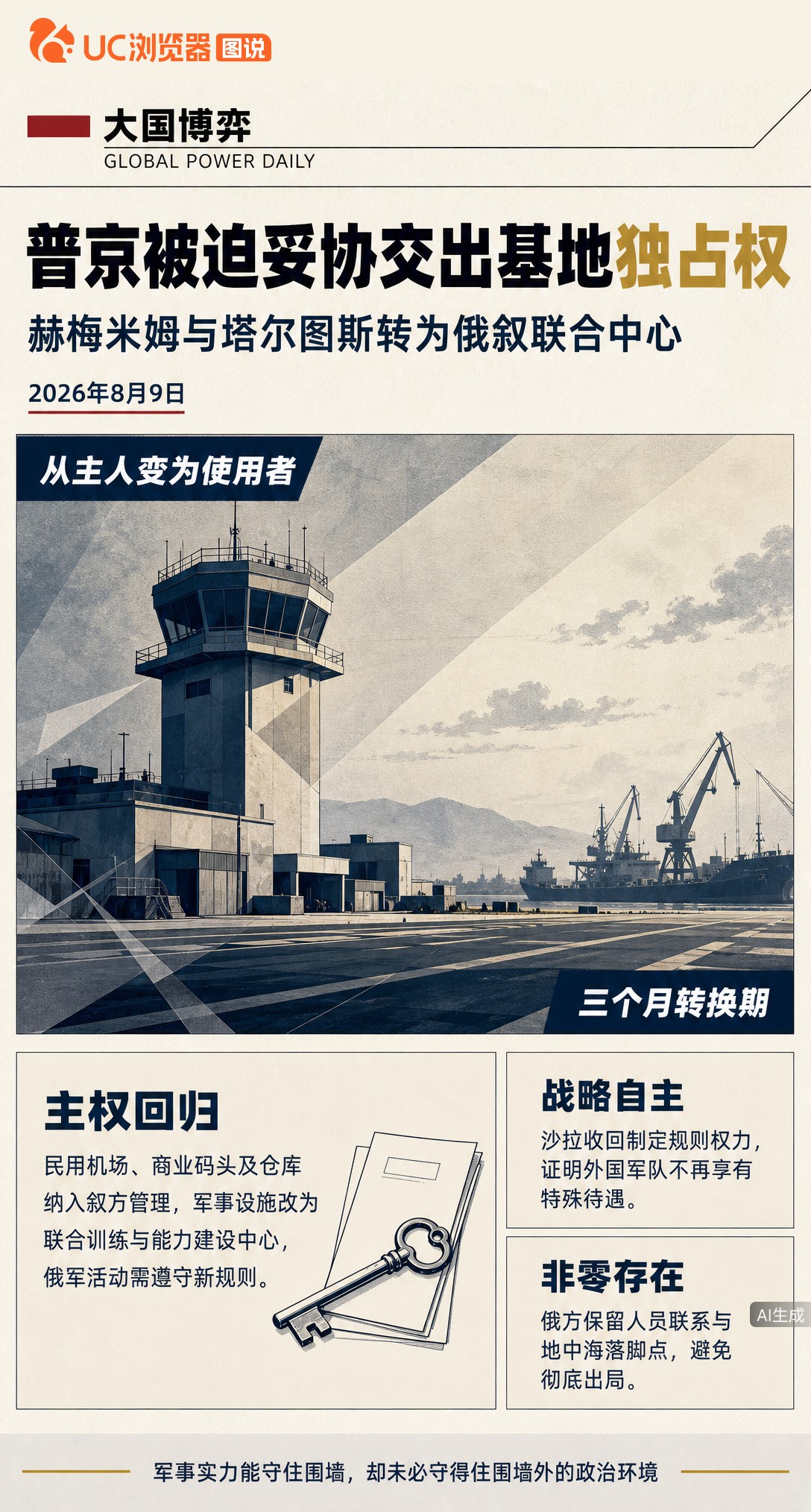 叙利亚宣布收回赫梅米姆和塔尔图斯民用管理权，俄军基地从独占变联合中心。普京接受妥协换留驻，三个月转换期后能否保住地中海落脚点，还得看新规则怎么落地。