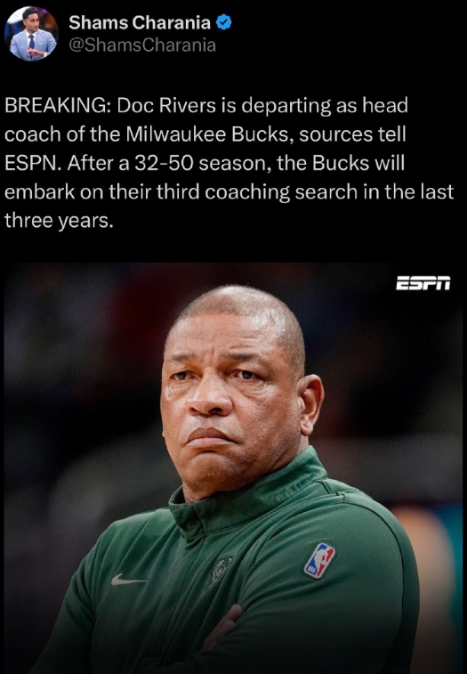 Shams：雄鹿解雇主教练里弗斯。 
雄鹿将在2026-27赛季支付里弗斯千万年