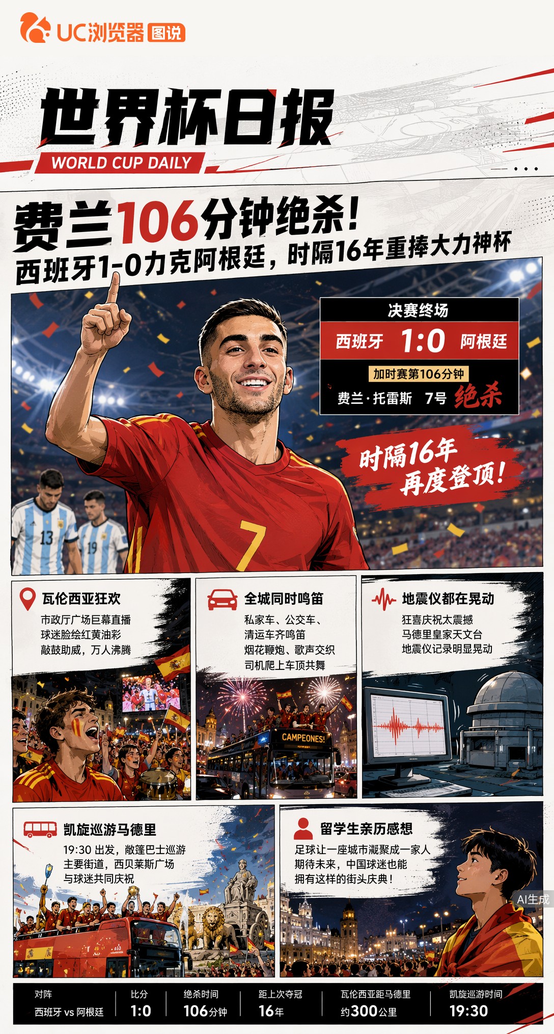 费兰106分钟绝杀！西班牙1-0力克阿根廷，时隔16年重捧大力神杯