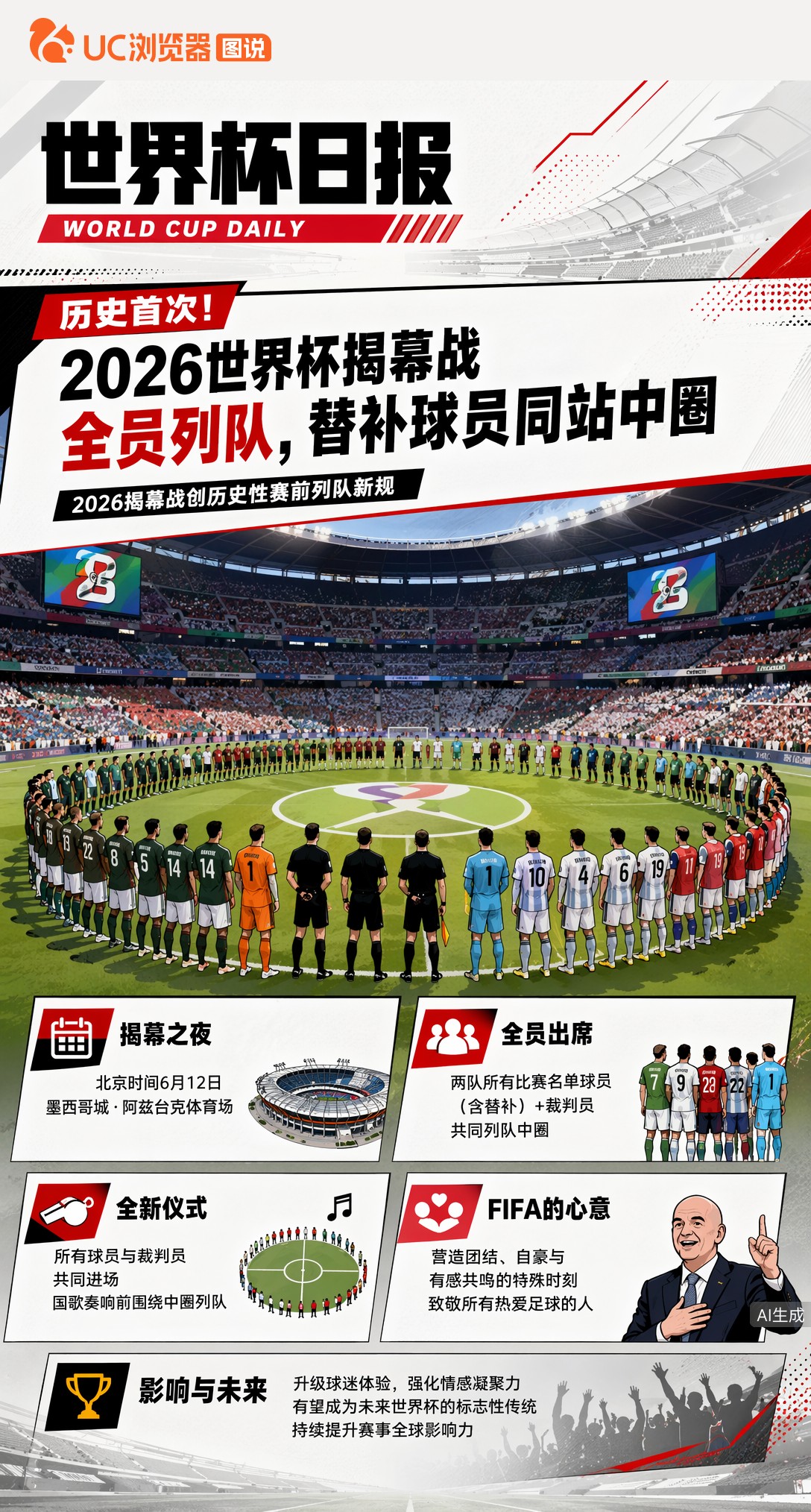 历史首次！2026世界杯揭幕战全员列队，替补球员同站中圈
