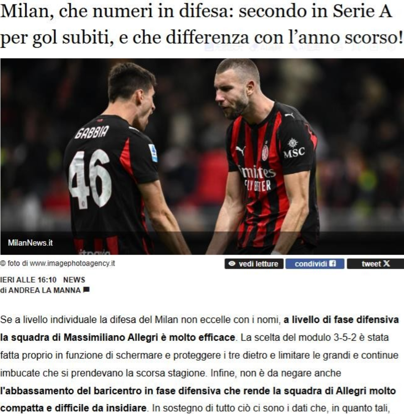 米兰防守提升明显。阿莱格里有效抑制了米兰防守问题，使米兰的防守大幅度提升。阿莱格