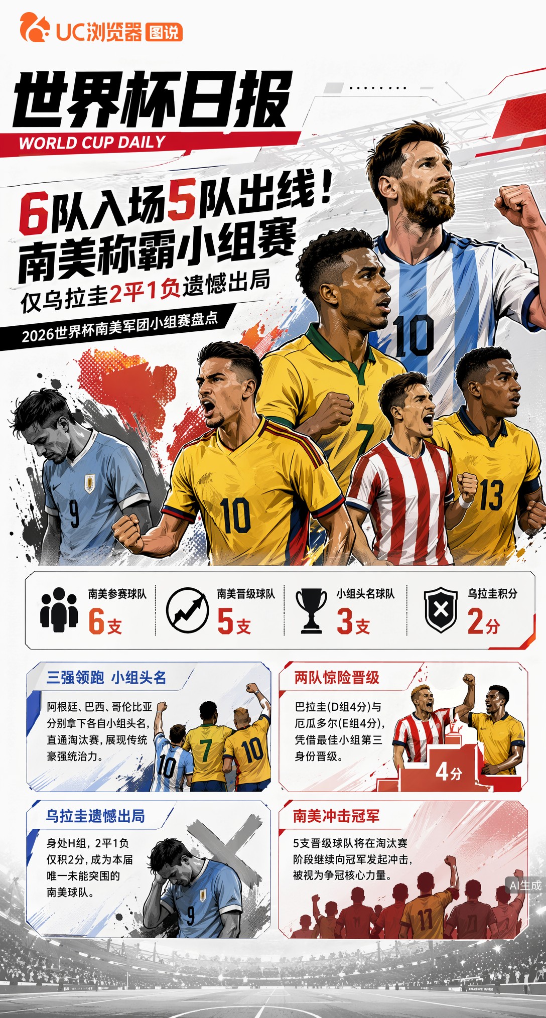 6队入场5队出线！南美称霸小组赛，仅乌拉圭2平1负遗憾出局