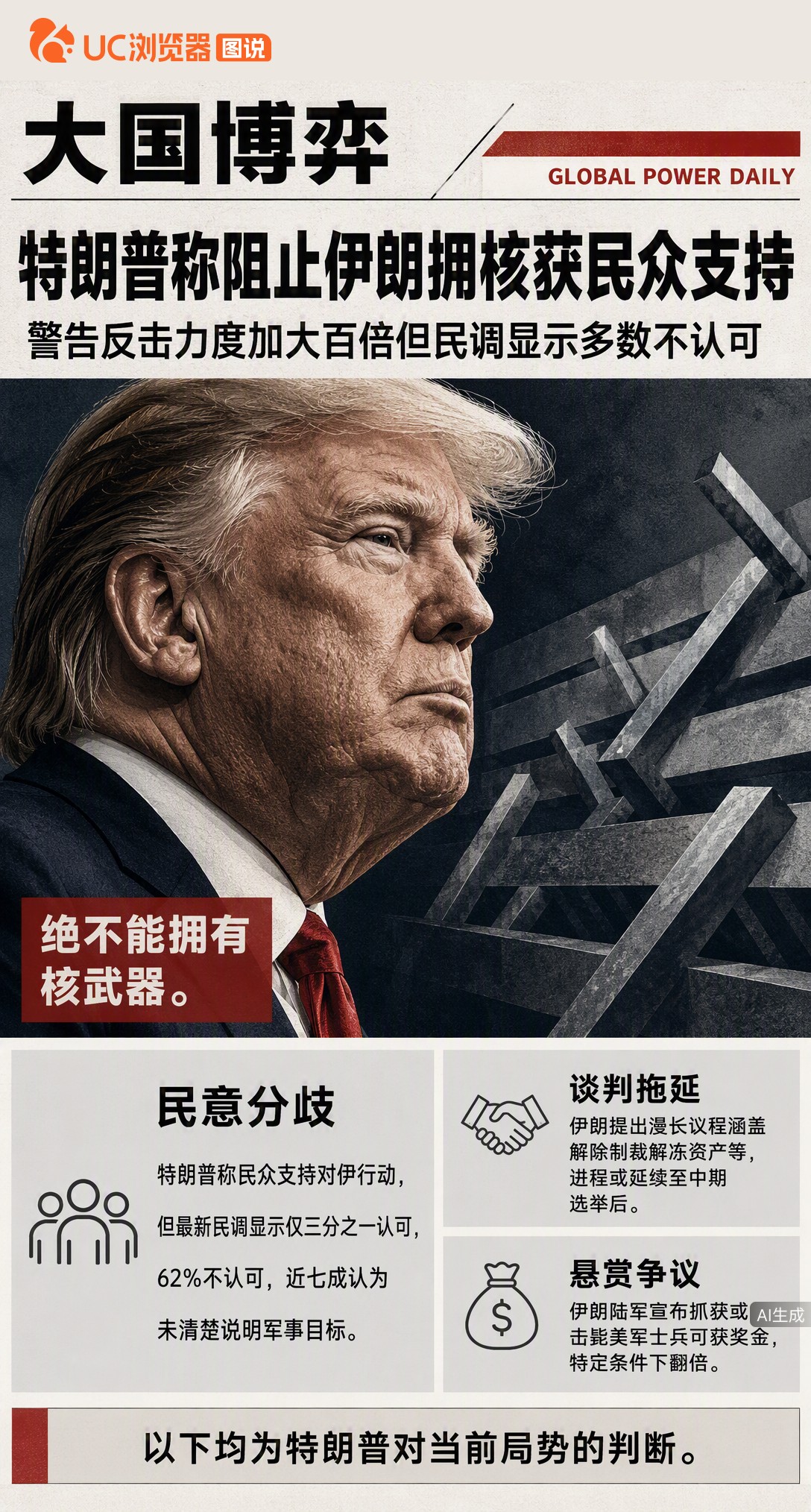 特朗普称民众支持对伊动武，但民调显示62%美国人不认可。伊朗则放出悬赏美军士兵的狠招，还把核谈判拖到中期选举后，摆明了要打持久战。