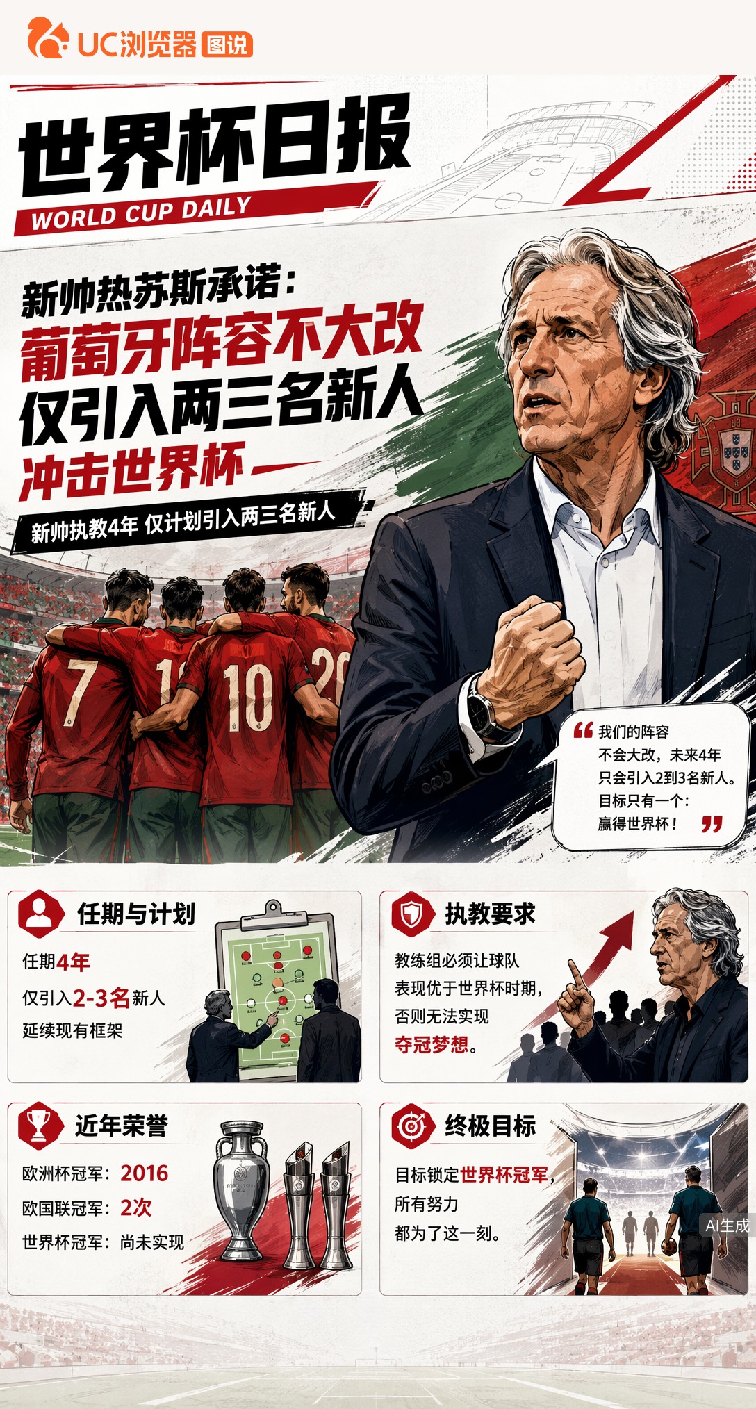 新帅热苏斯承诺：葡萄牙阵容不大改，仅引入两三名新人冲击世界杯