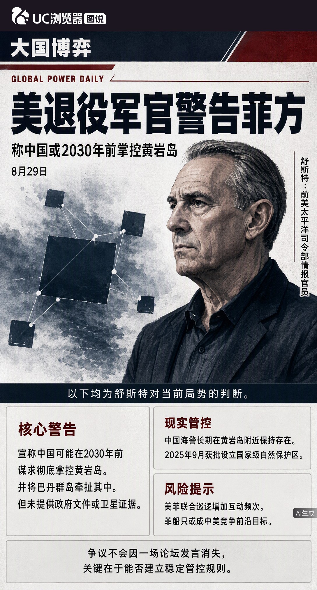 美退役军官警告中国2030年前或掌控黄岩岛，却拿不出实据。中方设保护区被指军事化，但美菲联合巡逻才是把局势推向高频对抗的变量，巴丹群岛会不会卷入还得看后续动作。