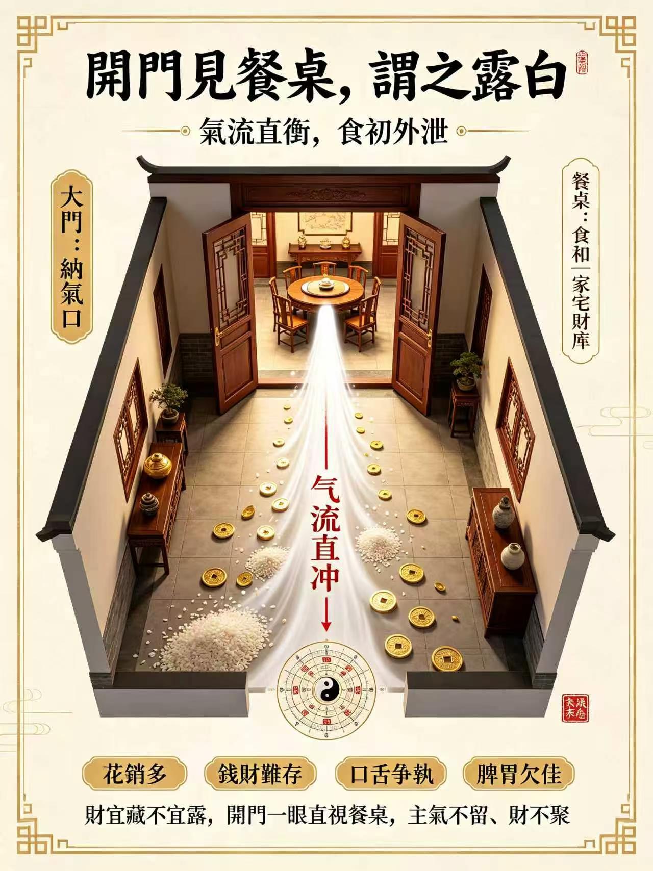 大门是纳气口，餐桌代表食禄、家宅财库，财宜藏不宜露。开门一眼直视餐桌，叫露白，气