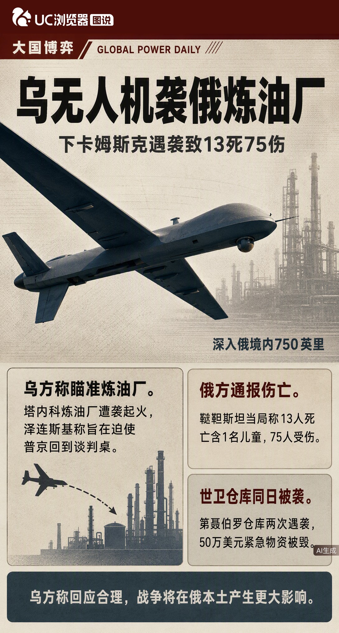 乌克兰无人机袭击俄下卡姆斯克致13死75伤，目标指向炼油厂。泽连斯基称此举意在逼普京谈判，而WHO仓库也在24小时内两度遭袭。
