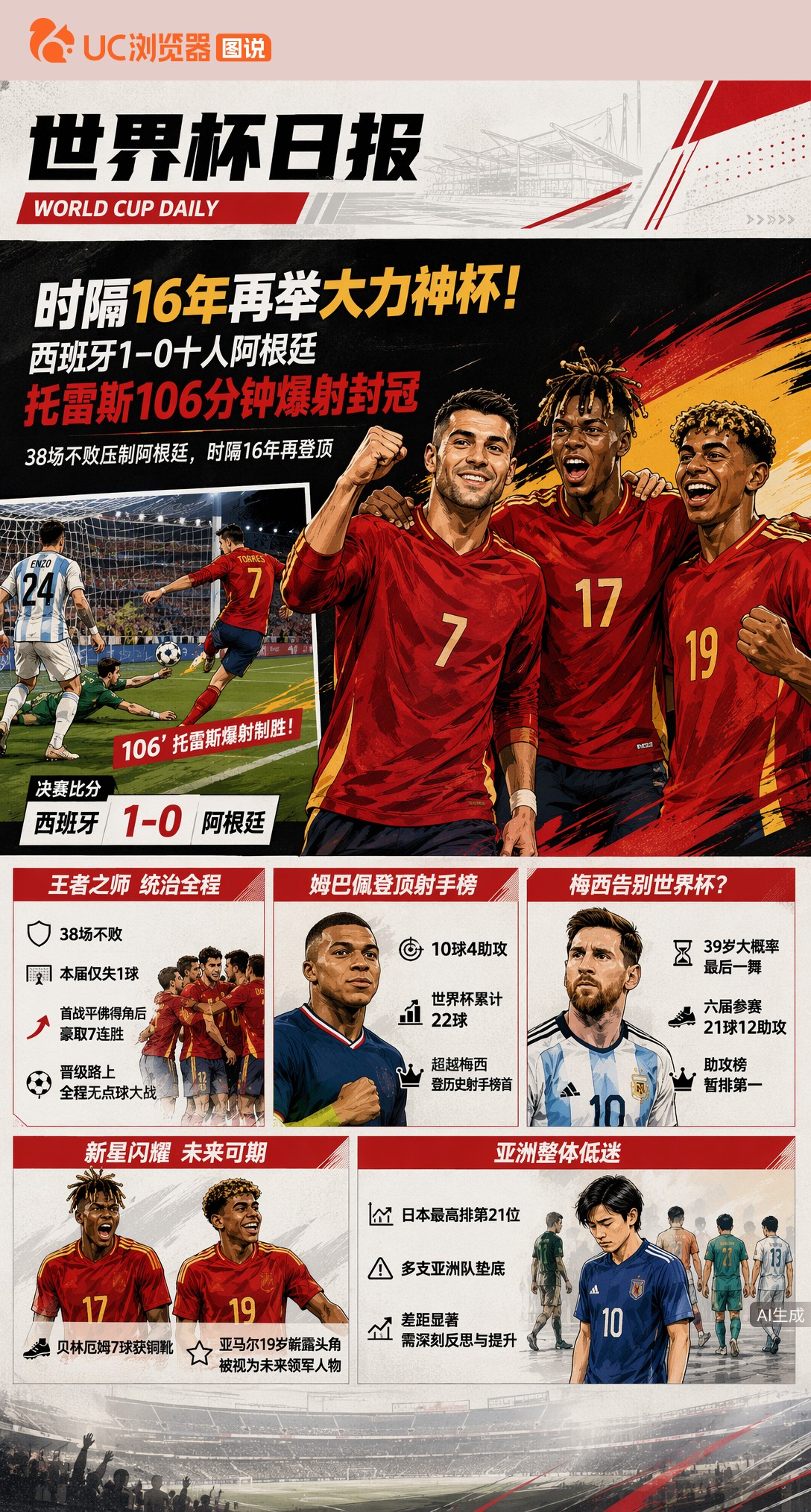 时隔16年再举大力神杯！西班牙1-0十人阿根廷，托雷斯106分钟爆射封冠