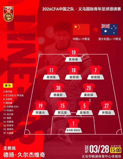 U19国足vs澳大利亚U19首发

杨铭锐包抄破门帮助U19国足1-0领先，下半