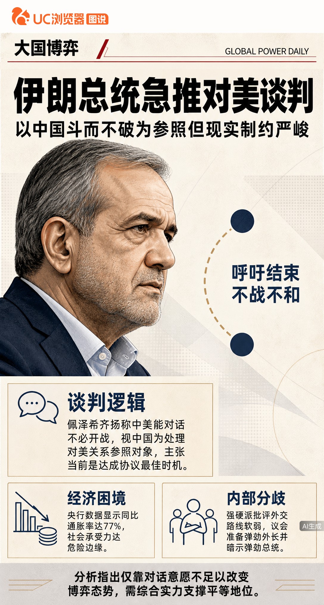 伊朗总统想学中国“斗而不破”跟美谈判，但年通胀77%、内部弹劾声起。没有完整工业和深度绑定做筹码，光有对话意愿能换来平等地位吗？