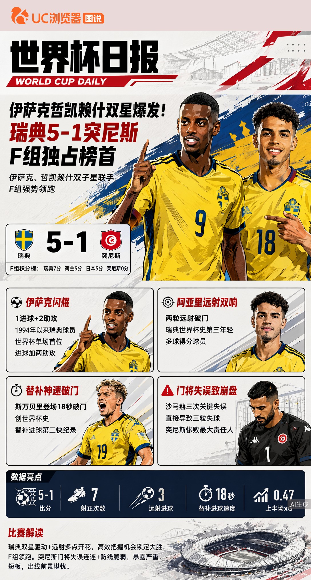 伊萨克哲凯赖什双星爆发！瑞典5-1突尼斯，F组独占榜首