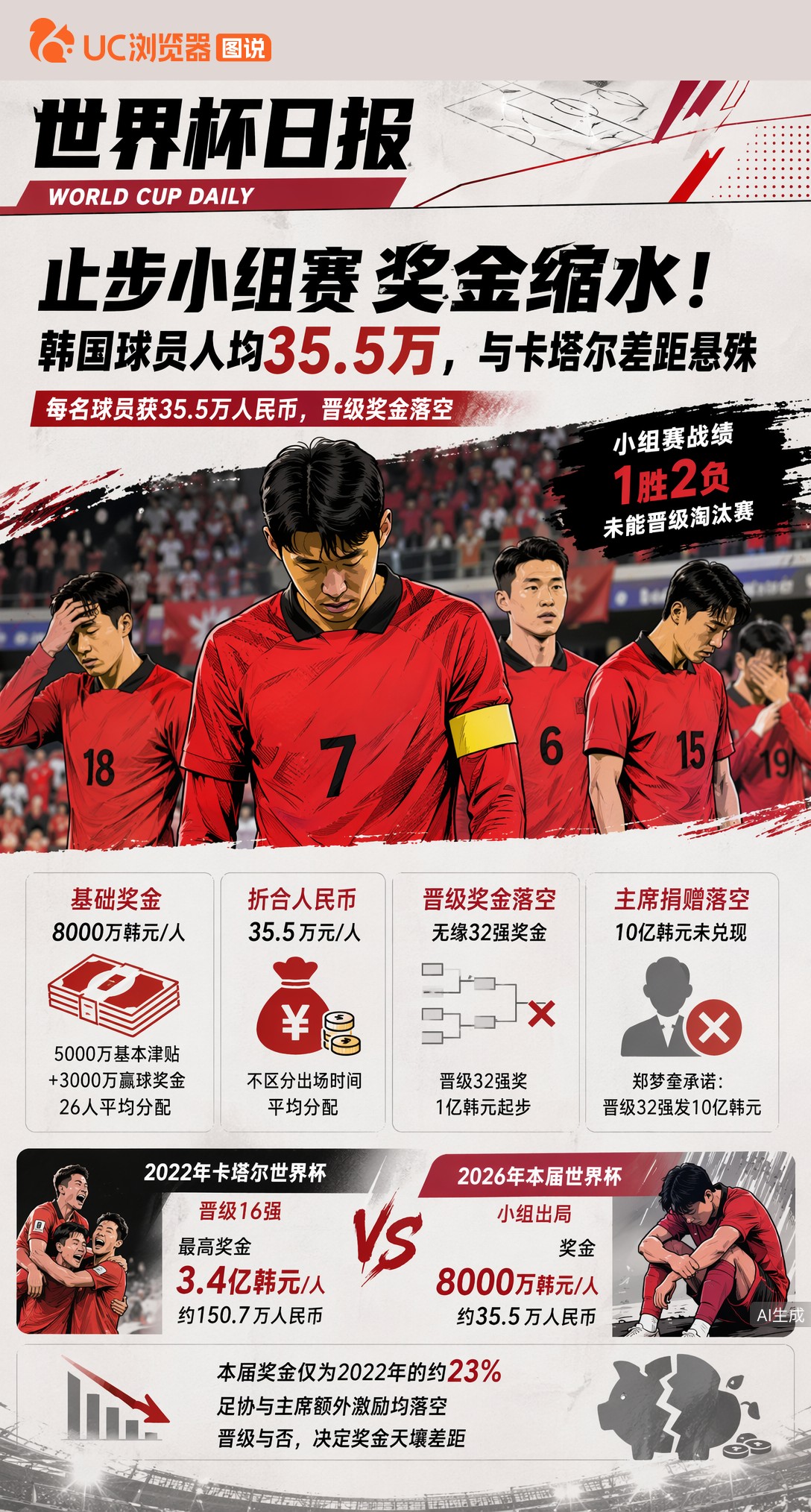 止步小组赛奖金缩水！韩国球员人均35.5万，与卡塔尔差距悬殊