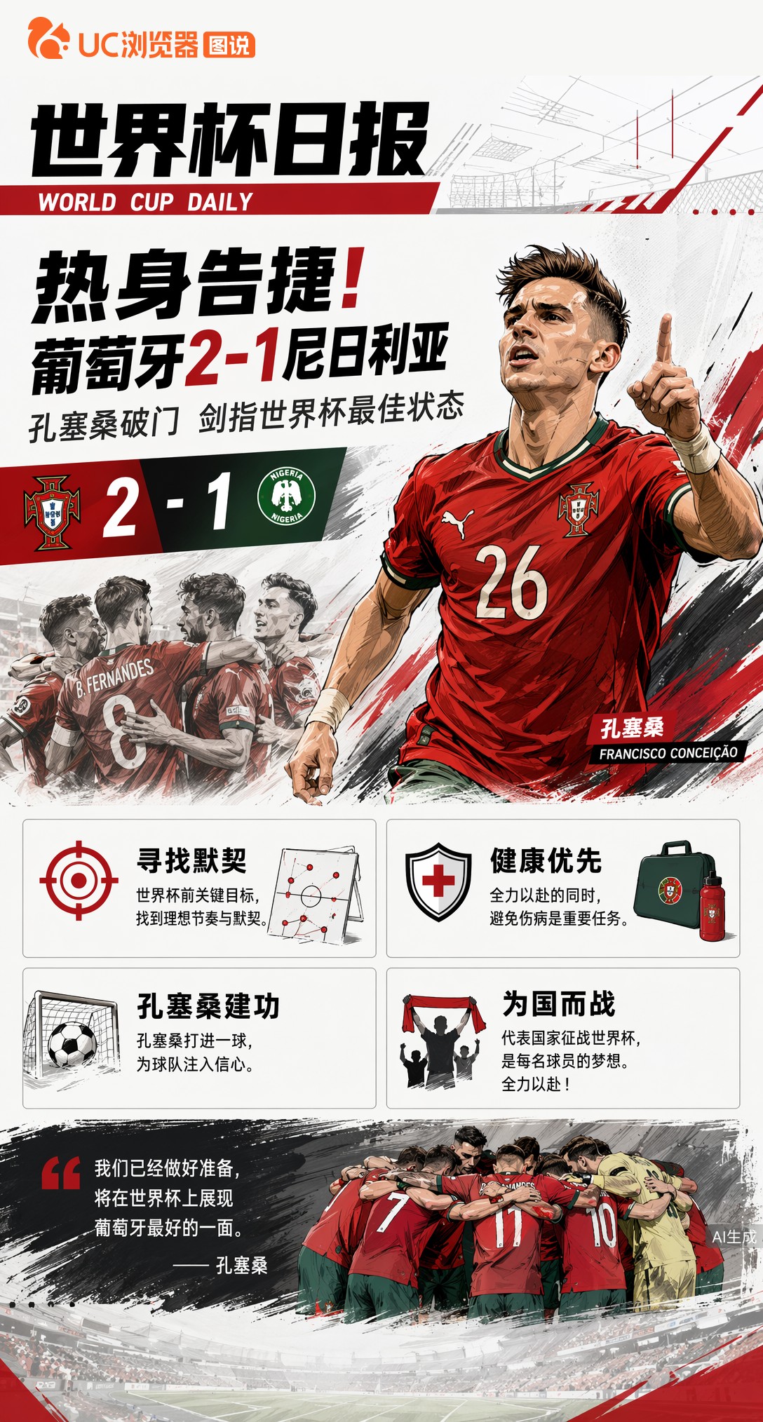 热身告捷！孔塞桑破门葡萄牙2-1尼日利亚，剑指世界杯最佳状态
