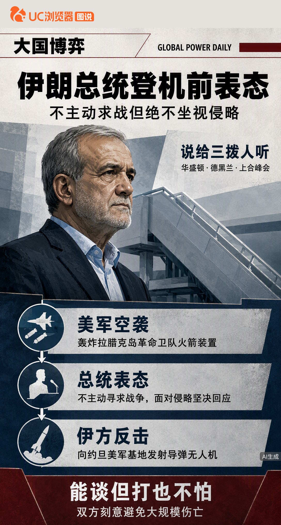 美军刚炸完伊朗本土，总统登机赴上合峰会前撂下硬话：不主动求战，但绝不坐视侵略。这话同时说给华盛顿、国内民众和与会各国听，能谈但打也不怕，就看各方能否在临界点踩住刹车。