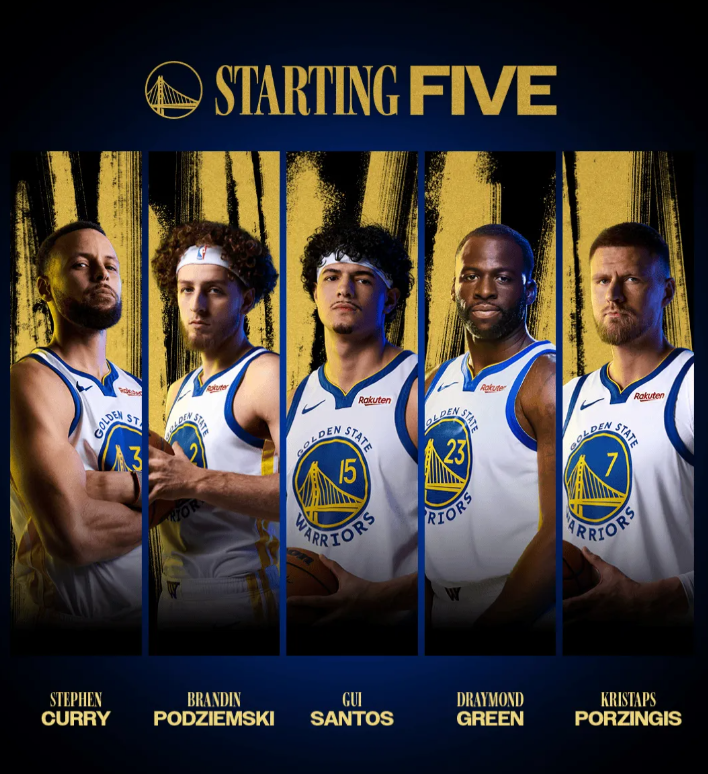 NBA附加赛，勇士将对阵太阳。
勇士首发：库里、波杰姆斯基、桑托斯、追梦、波尔津