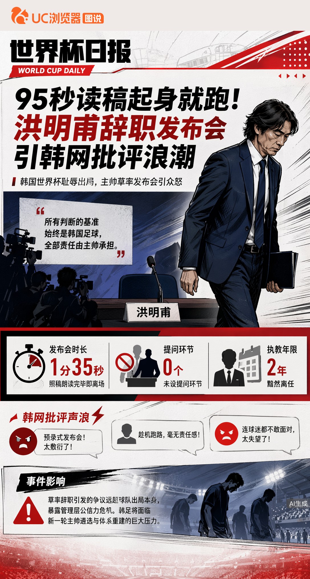 95秒读稿起身就跑！洪明甫辞职发布会引韩网批评浪潮