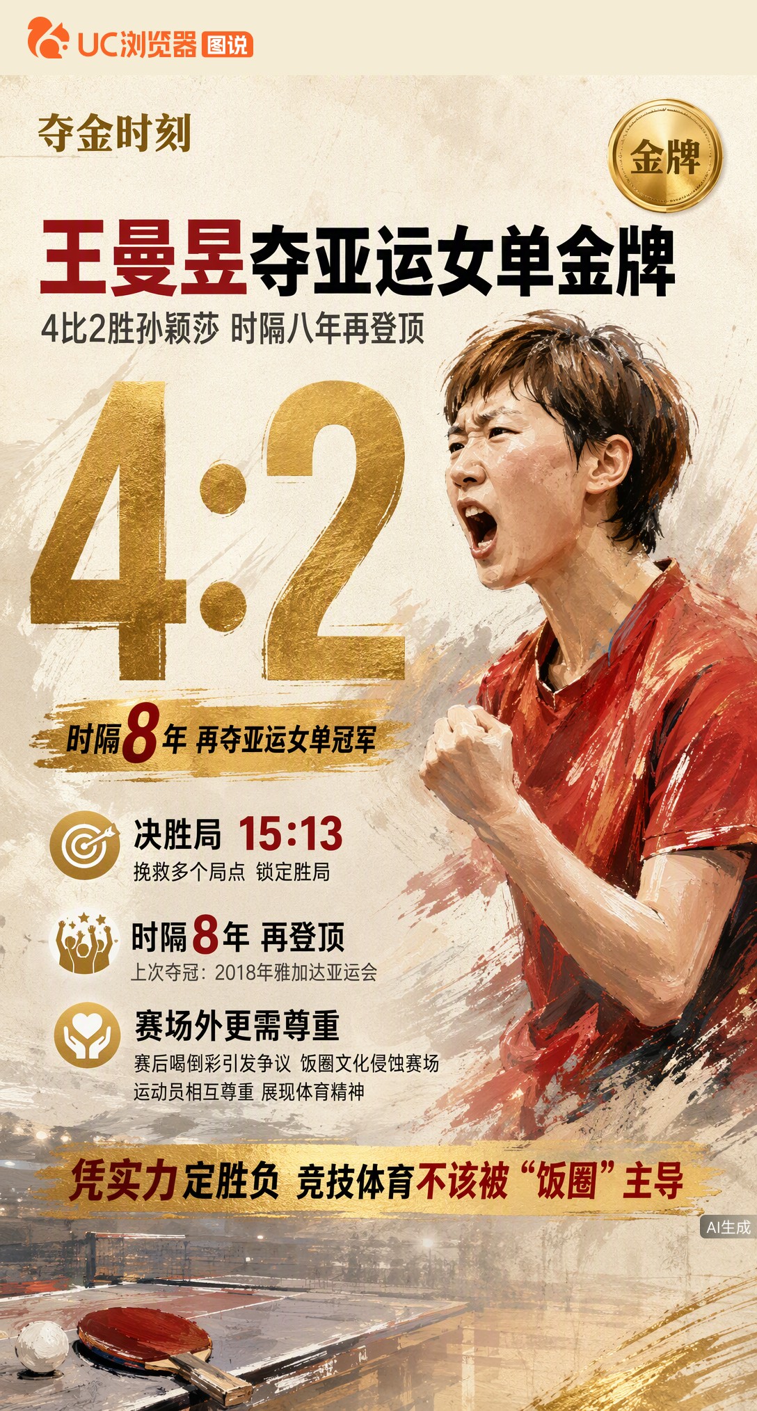 时隔八年再登顶！王曼昱4-2力克孙颖莎夺亚运女单金牌，决胜局15-13挽救多个局点。这场国乒内战含金量拉满，赛后两人相互尊重，竞技体育凭实力说话。