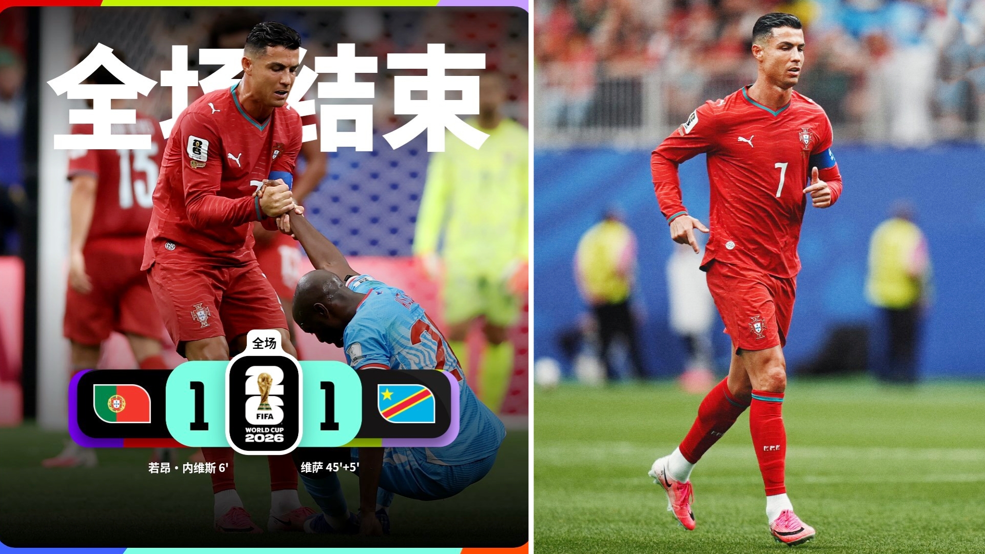 世界杯：葡萄牙1-1战平民主刚果，葡萄牙无缘开门红。
内维斯头球破门，维萨扳平比