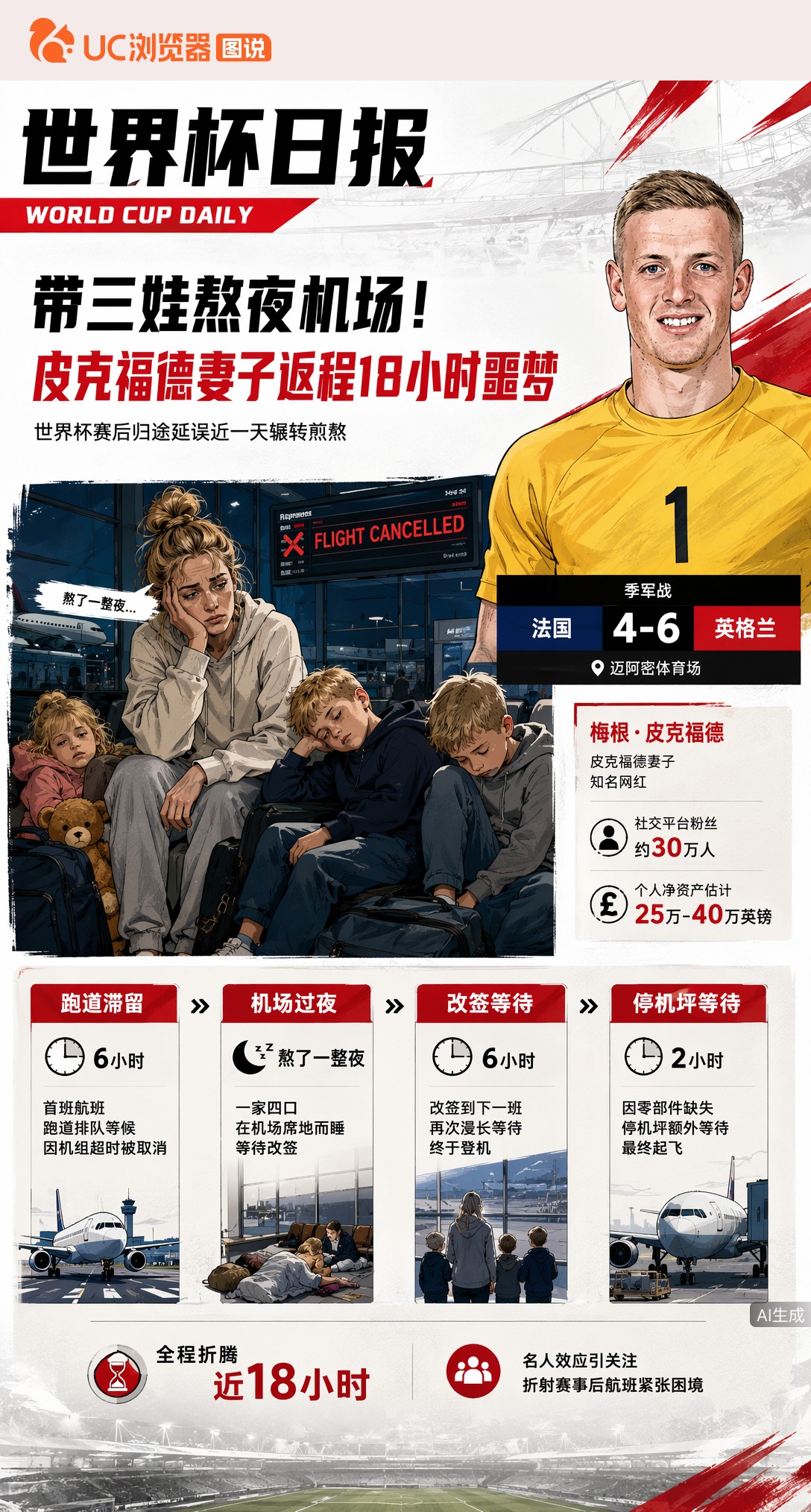 带三娃熬夜机场！皮克福德妻子世界杯后回国遭18小时航班噩梦