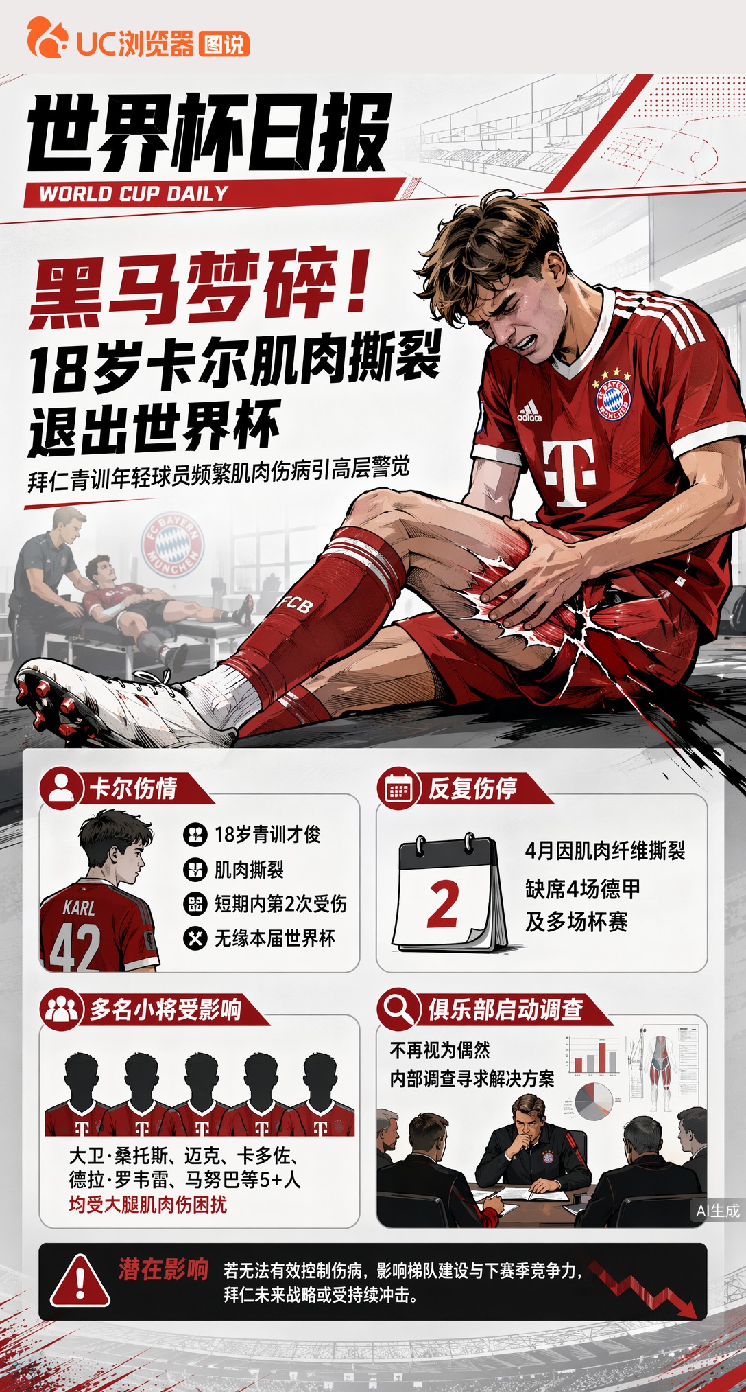 黑马梦碎！18岁卡尔肌肉撕裂退出世界杯，拜仁伤病调查告急
