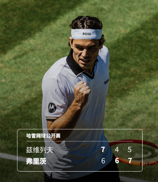 ATP500哈雷网球公开赛半决赛，5号种子弗里茨以6-7(4) 6-4 7-5逆
