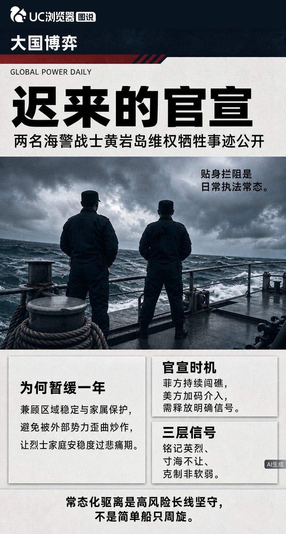 沉默一年后，两名00后海警战士在黄岩岛驱离菲舰任务中牺牲的事迹官宣。此前暂缓披露是为防炒作、护家属，如今面对持续挑衅择机公开，克制从不等于退让。