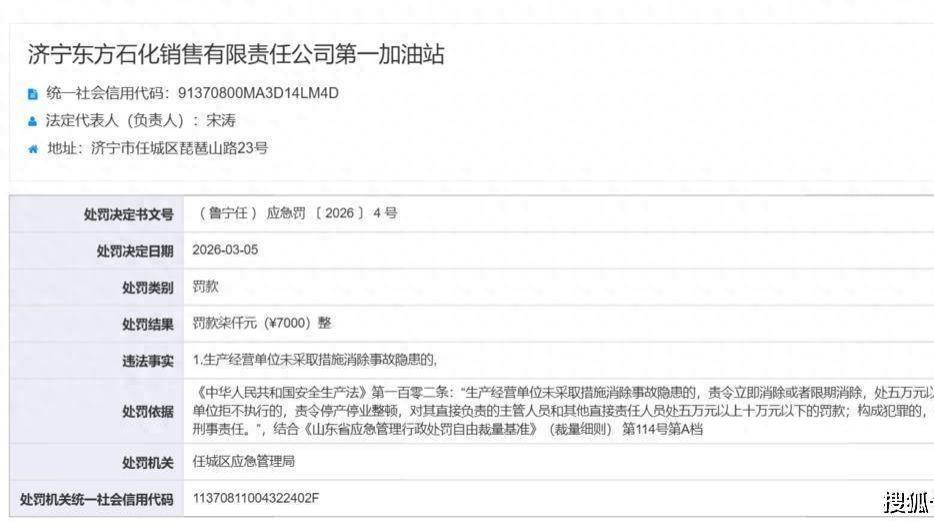 不是警告是真罚！济宁东方石化第一加油站，因安全隐患未整改被罚7000元