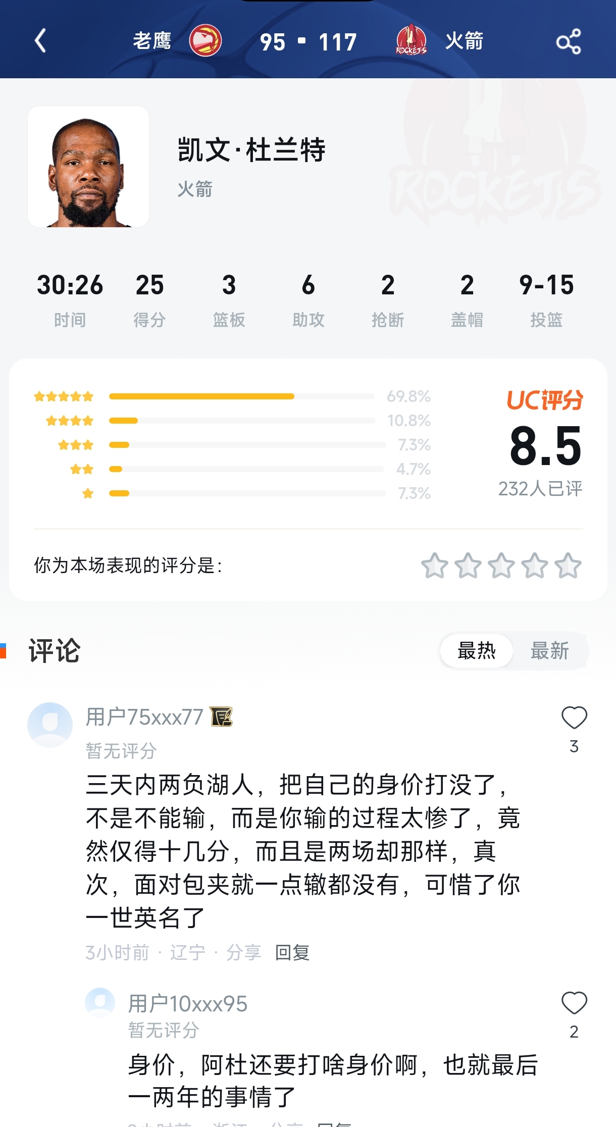 KD评分8.5却被喷“把身价打没了”？这届球迷到底有多严格？三节25分0失误还得开会？