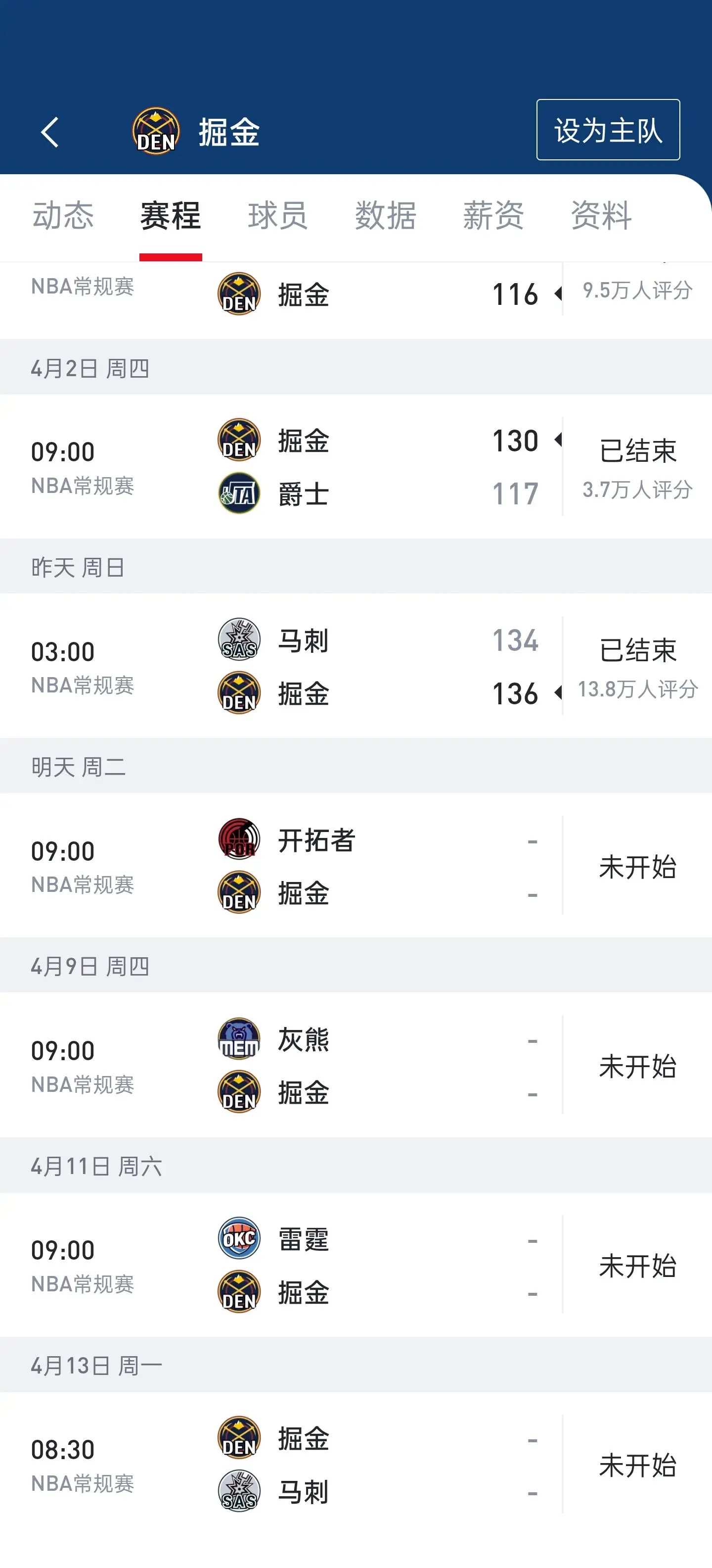 掘金后面四场只要赢一把马刺或者雷霆就锁定西部第三了

看排位，开拓者灰熊大概率两