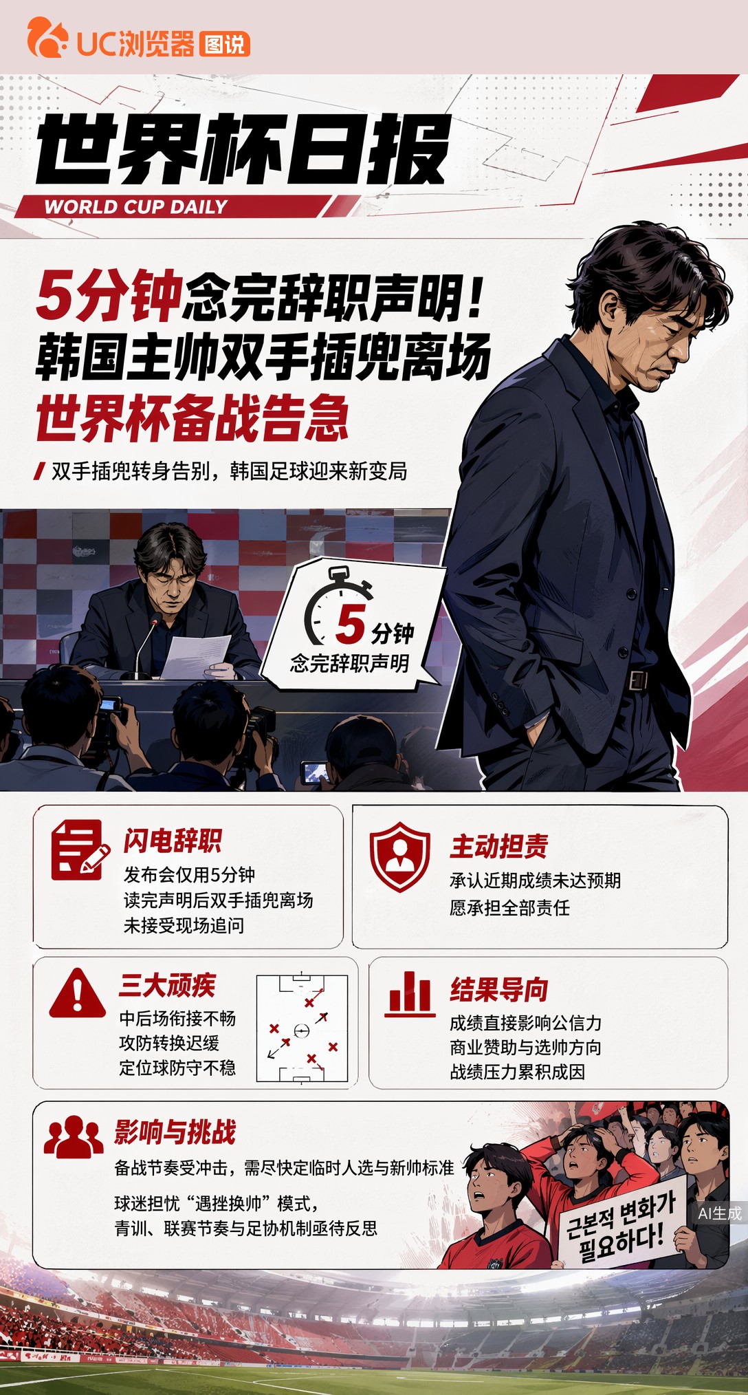 5分钟念完辞职声明！韩国主帅双手插兜离场，世界杯备战告急