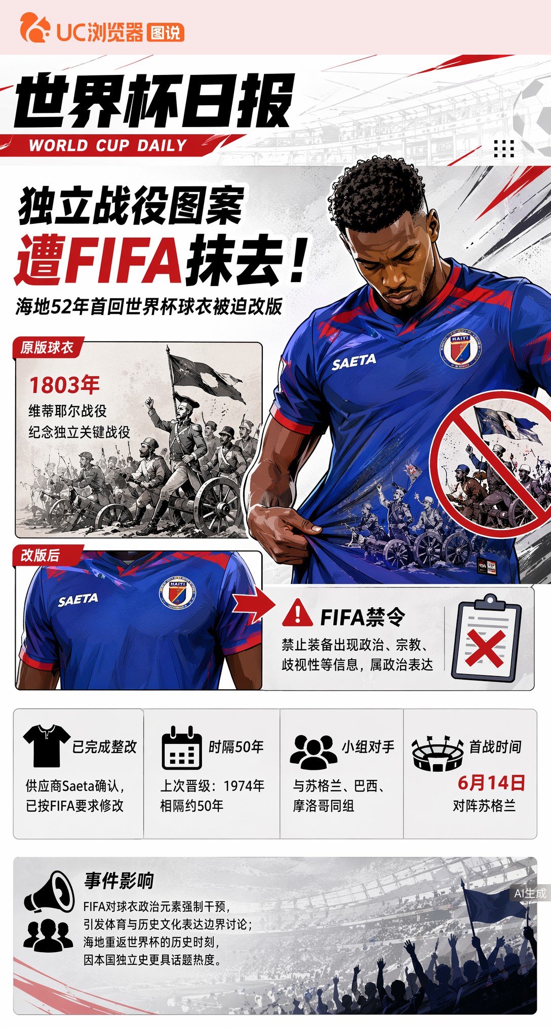 独立战役图案遭FIFA抹去！海地52年首回世界杯球衣被迫改版