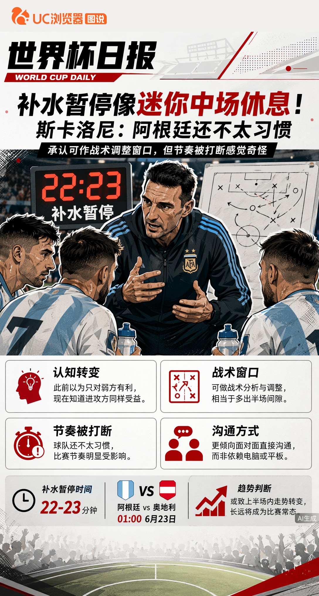 补水暂停像迷你中场休息！斯卡洛尼：阿根廷还不太习惯