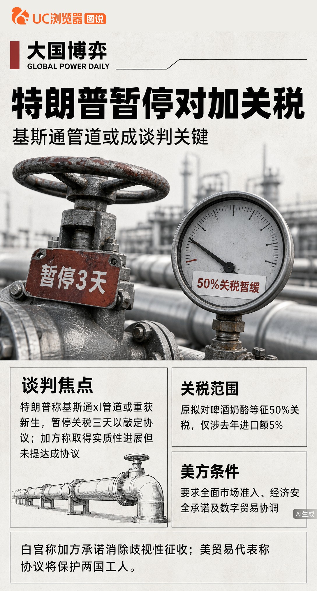 据《华盛顿邮报》，对加50%关税生效前不到两小时，特朗普宣布暂停三天以敲定协议，还提到或重启基斯通XL管道。加方称取得实质进展但未提达成协议，这三天窗口期能谈出什么？