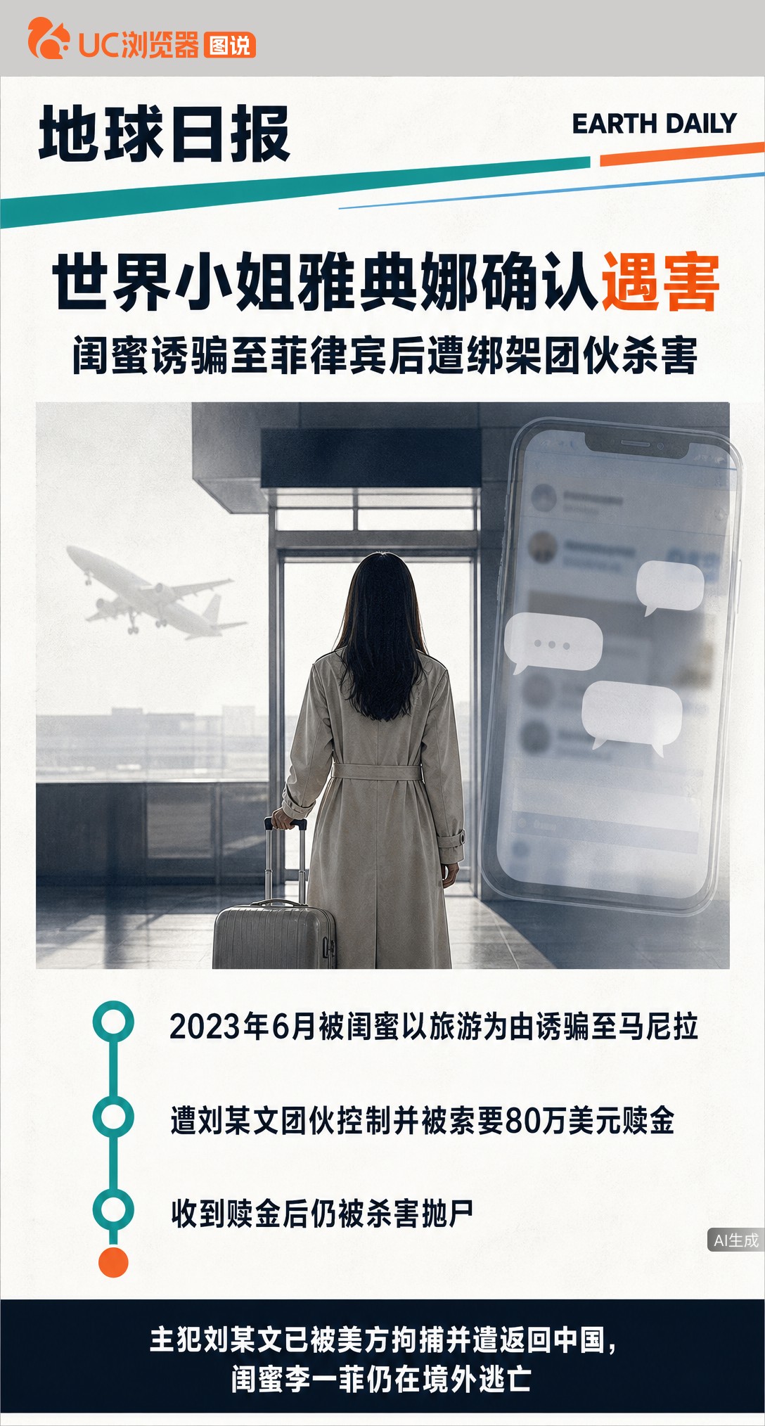 世界小姐雅典娜确认遇害，主犯刘某文已被遣返。她竟被结识两年的闺蜜骗至菲律宾遭绑架，团伙收80万赎金后仍撕票抛尸，而那位闺蜜至今仍在境外逃亡。