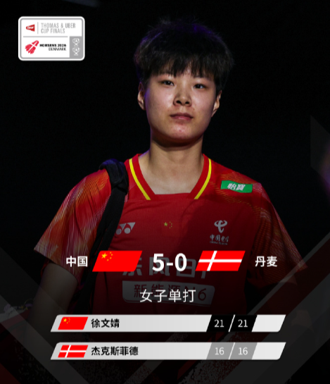 2026年汤尤杯小组赛赛况，中国5-0丹麦，徐文婧战胜杰克斯菲德，中国队大胜丹麦