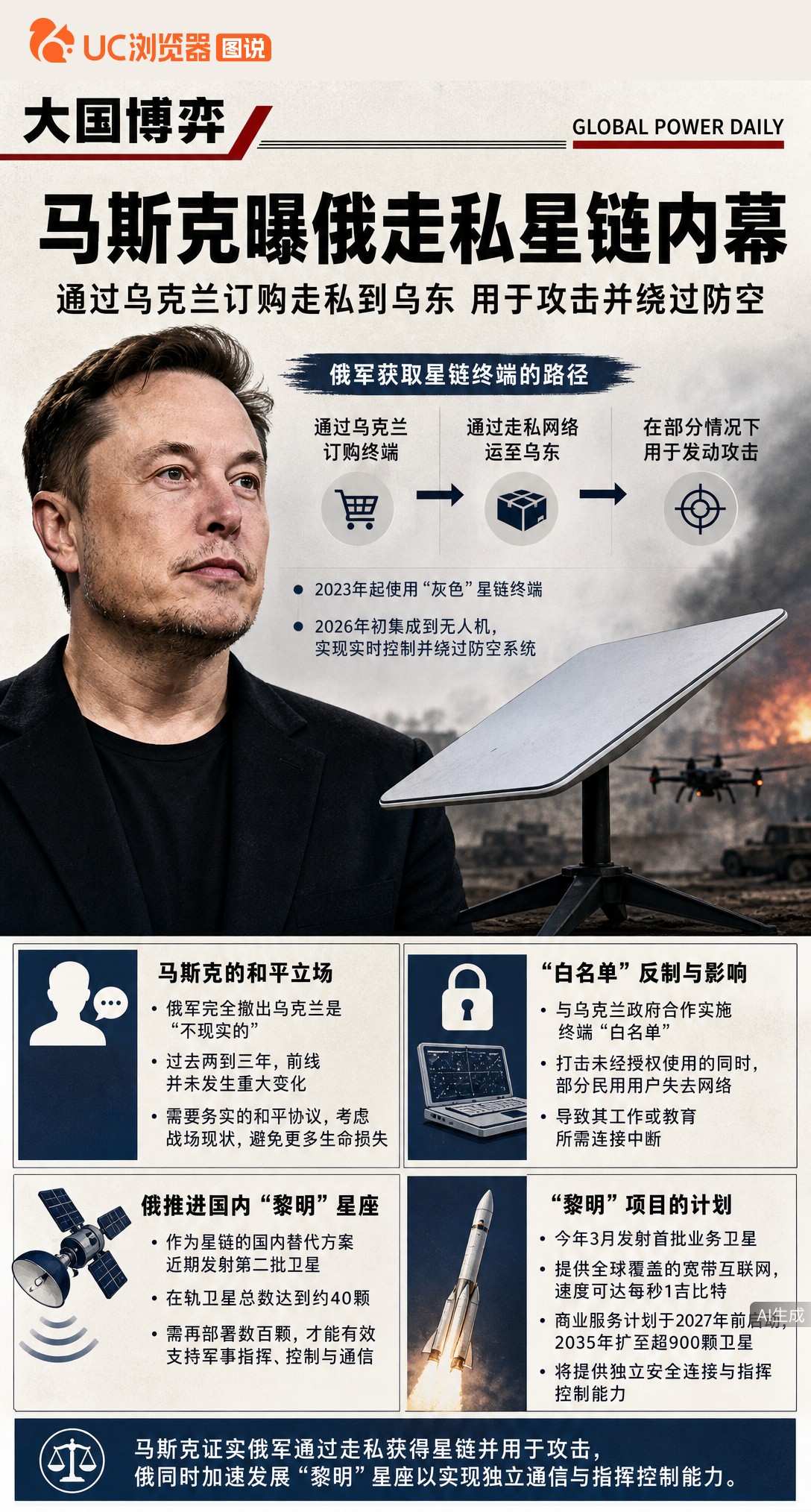 马斯克曝俄军星链靠乌克兰走私进前线，还呼吁务实和谈。SpaceX虽推白名单反制，却误伤乌民用网，俄方也在加速自建卫星星座。