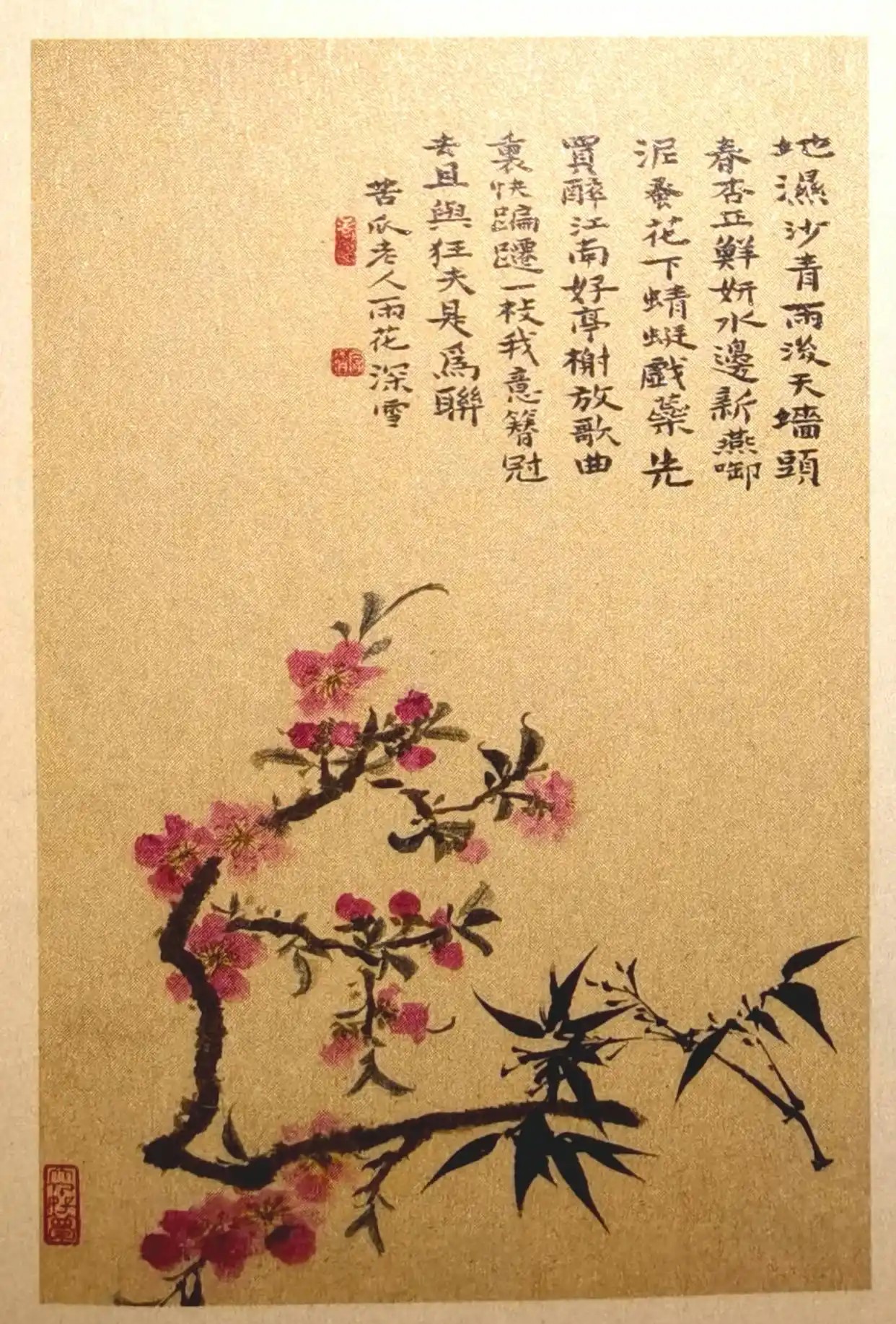 水边新燕啣泥蚤，花下蜻蜓戏蕊花…，可见他画的是杏花，旁边的一丛小竹