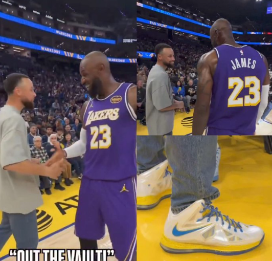 赢球当然得拥抱！詹姆斯赛后与穿着老詹战靴的库里拥抱交谈，随后库里还与布朗尼拥抱