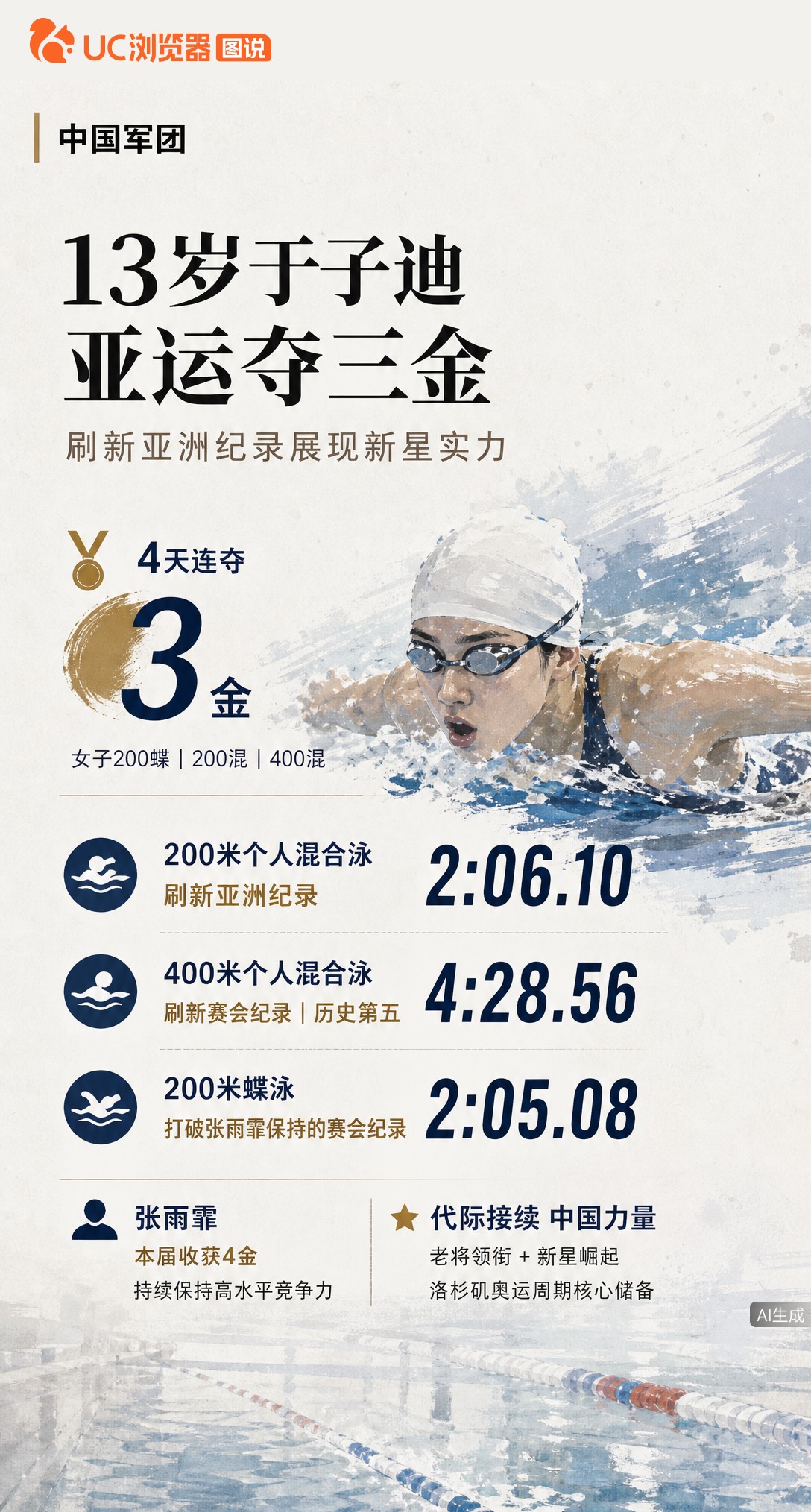 13岁于子迪4天狂揽3金！200混2分06秒10刷新亚洲纪录，还破了张雨霏的赛会纪录。老将稳、新星猛，中国女泳这代际衔接太扎实。