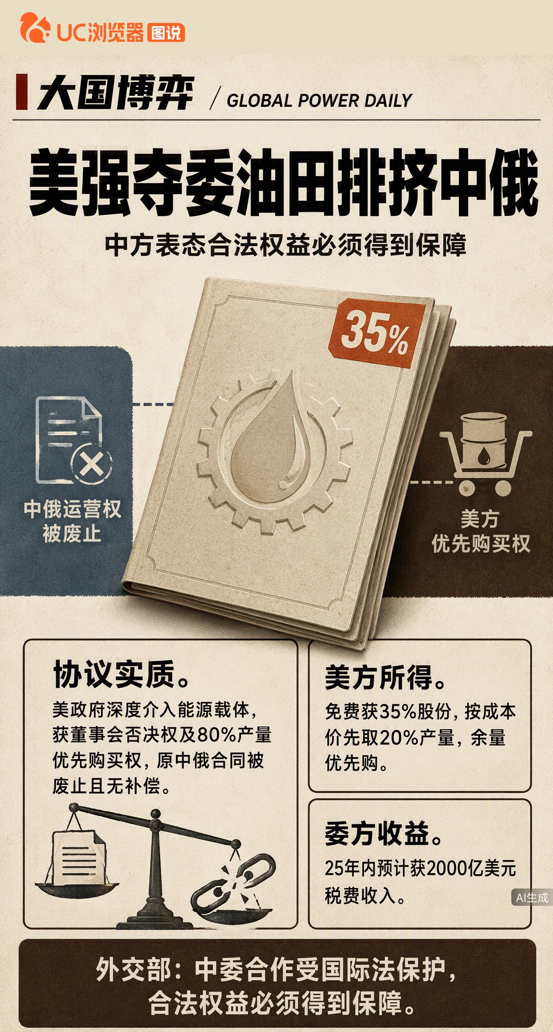 美企接管委内瑞拉油田，中俄运营合同被废止且无补偿。外交部回应：中委合作受国际法保护，中方合法权益必须得到保障，不能拿第三方合法投资当筹码。