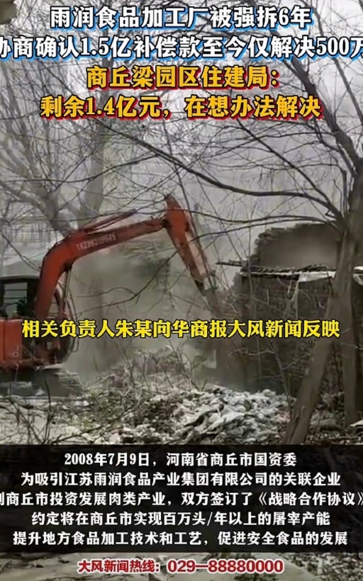 雨润食品加工厂被强拆6年 ，协商确认1.5亿补偿款至今仅解决500万。 商丘梁园