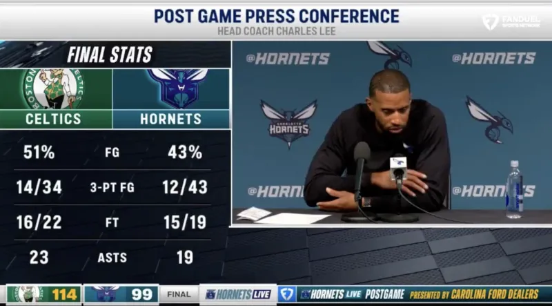 NBA常规赛，凯尔特人客场114-99战胜黄蜂。

赛后黄蜂主帅查尔斯-李接受了