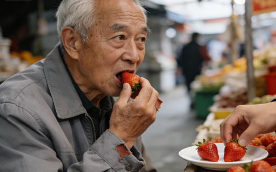 大爷在我摊前，吃了1斤2两草莓后，擦擦手转身离开，我面带笑容：您慢走，这些水果350元，我给您送到家