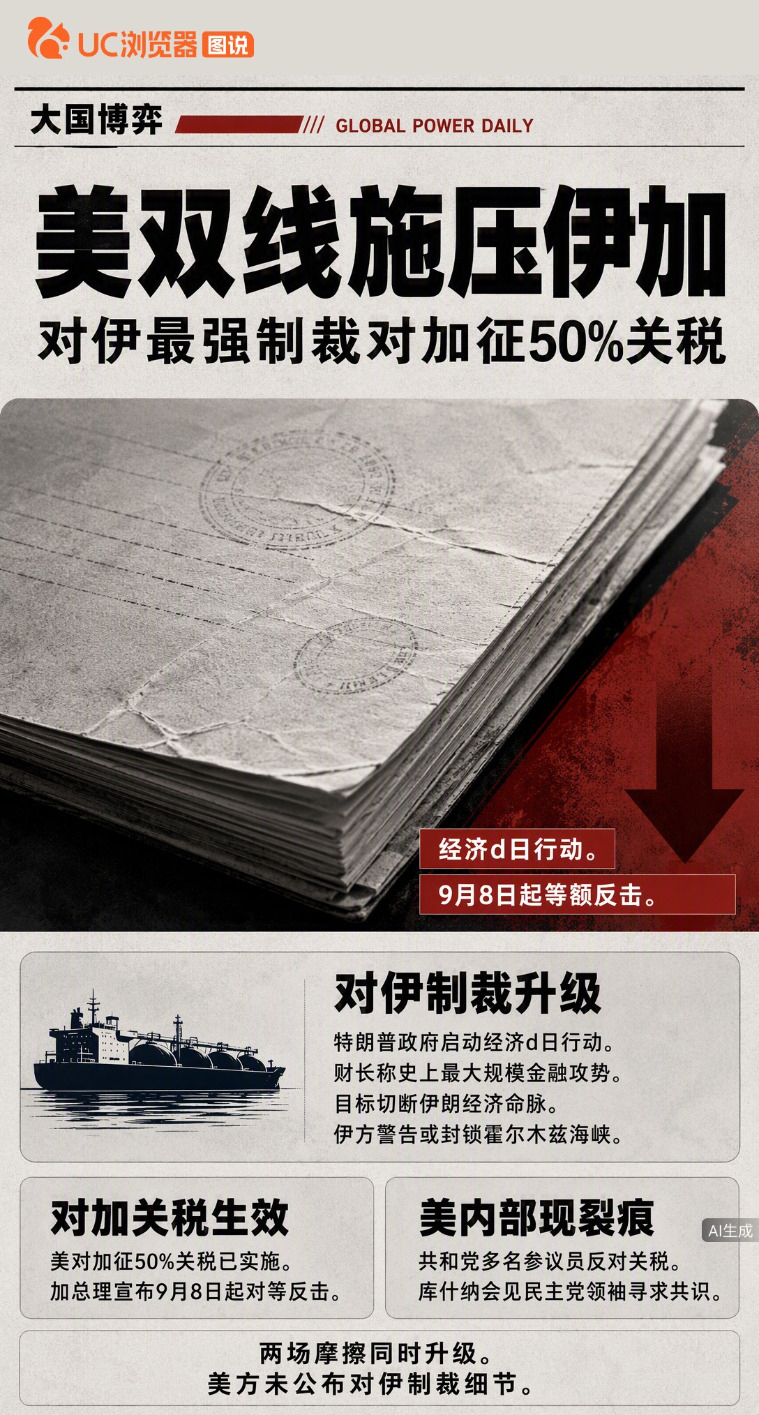 美国同时对伊朗和加拿大出手：对伊启动“经济D日”制裁，对加征50%关税。伊朗威胁封锁霍尔木兹海峡，加拿大宣布等额反击。距中期选举仅10周，共和党内部已现反对声。